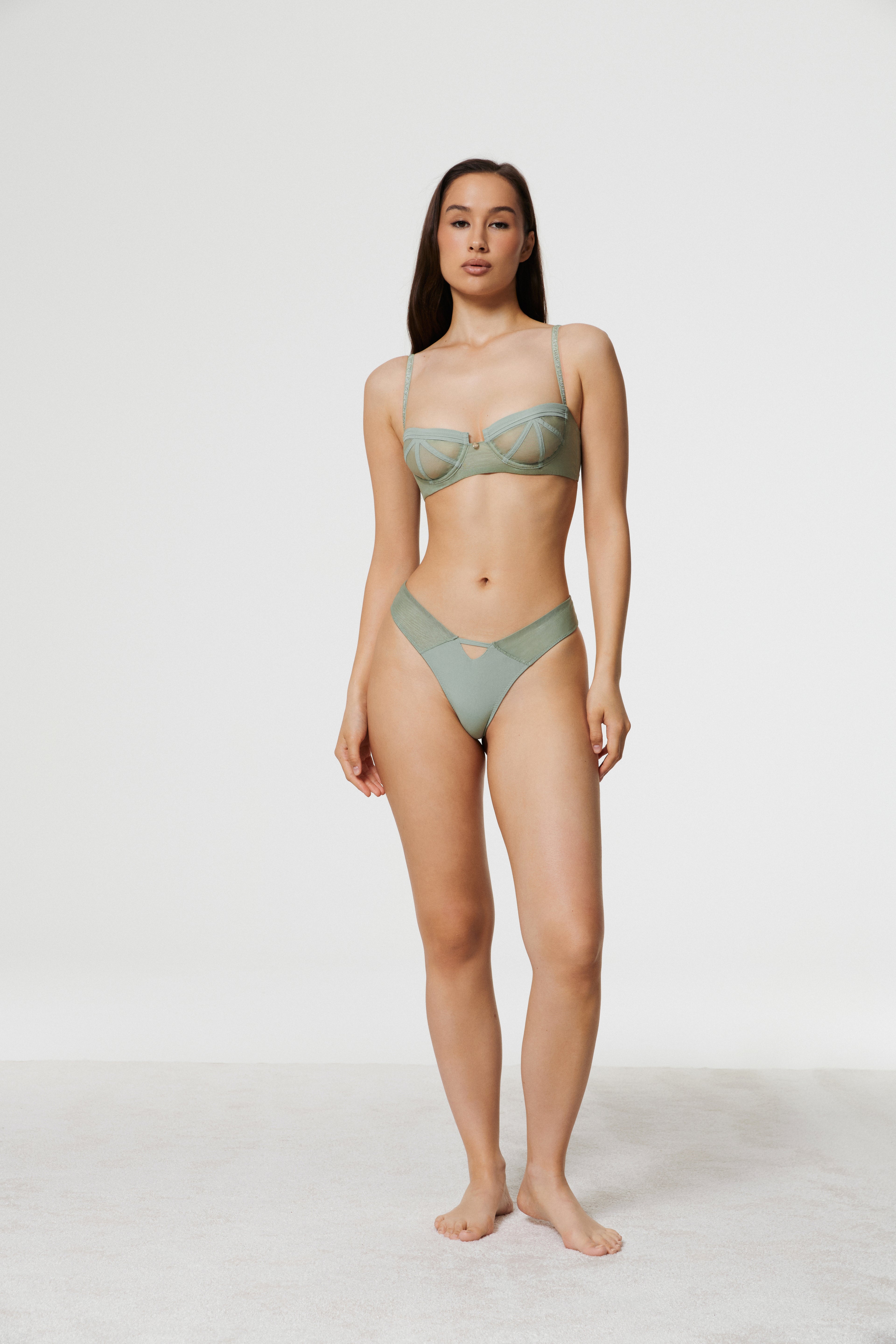 Full-length front view of model standing in Azalea Green Voile Balconette Bra and matching thong set, displaying the complete lightweight lingerie silhouette.
