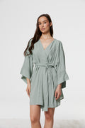 Full-length front view of model wearing Azalea Green Voile Kimono Robe with self-tie belt, displaying relaxed elegant silhouette.
