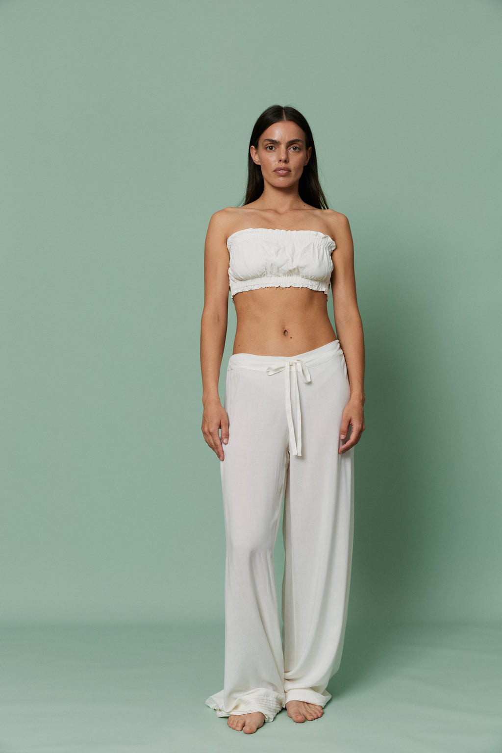 Full-length front view of model wearing Azalea White Voile Lounge Bottom with crop top, displaying relaxed wide-leg silhouette and breathable voile material.
