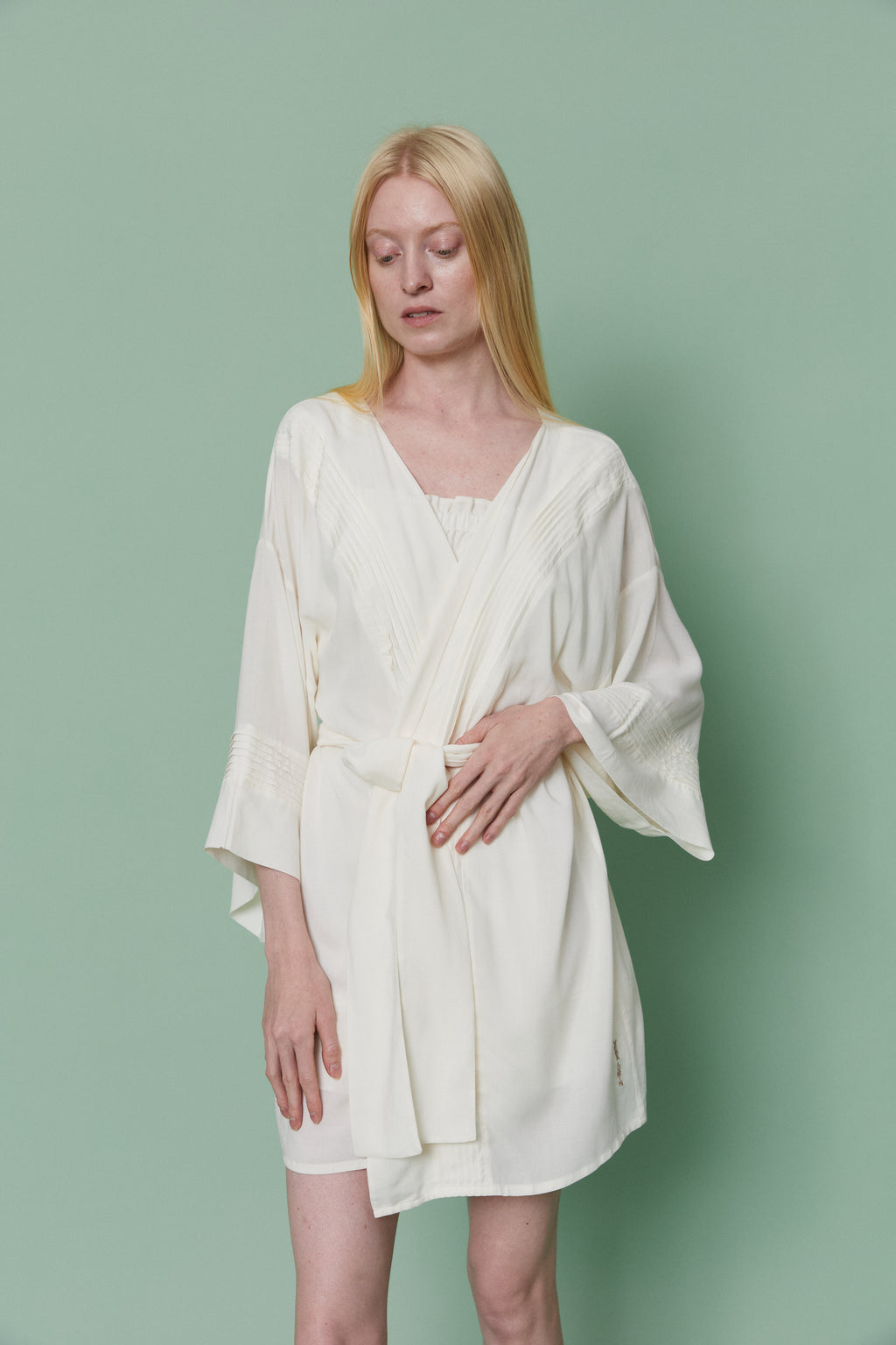 Full-length front view of model in Azalea White Voile Kimono Robe with self-tie belt, displaying fluid drape and relaxed loungewear silhouette.