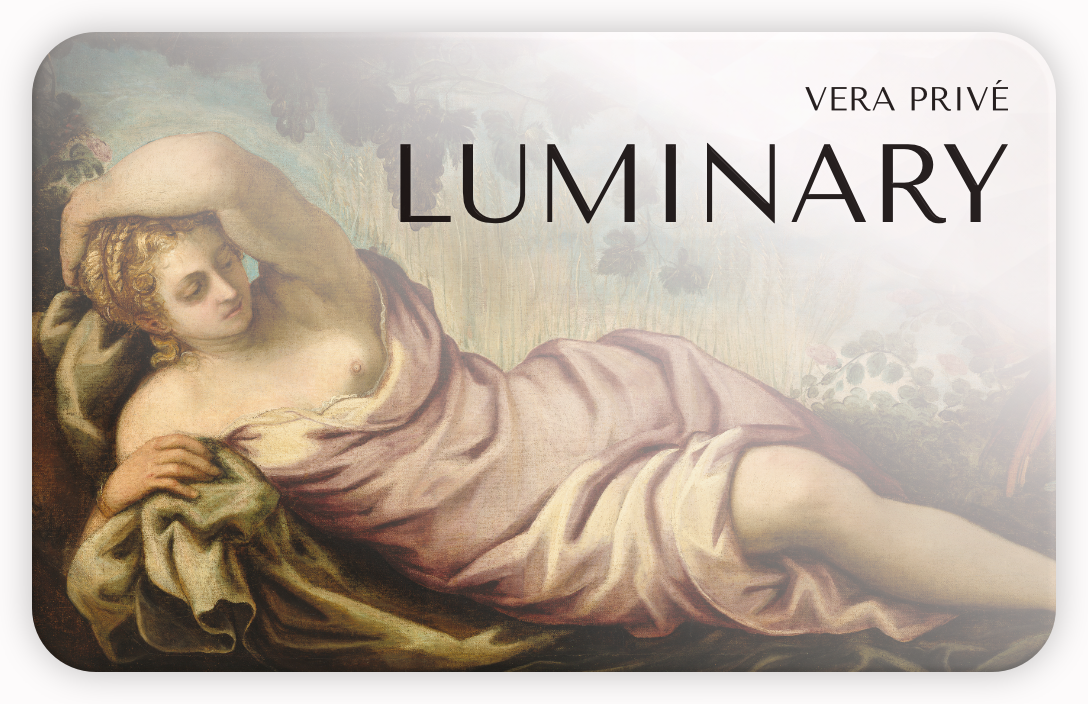 Vera Privé Luminary tier membership card with classical painting of reclining woman in pink robe, exclusive VIP founder loyalty program badge