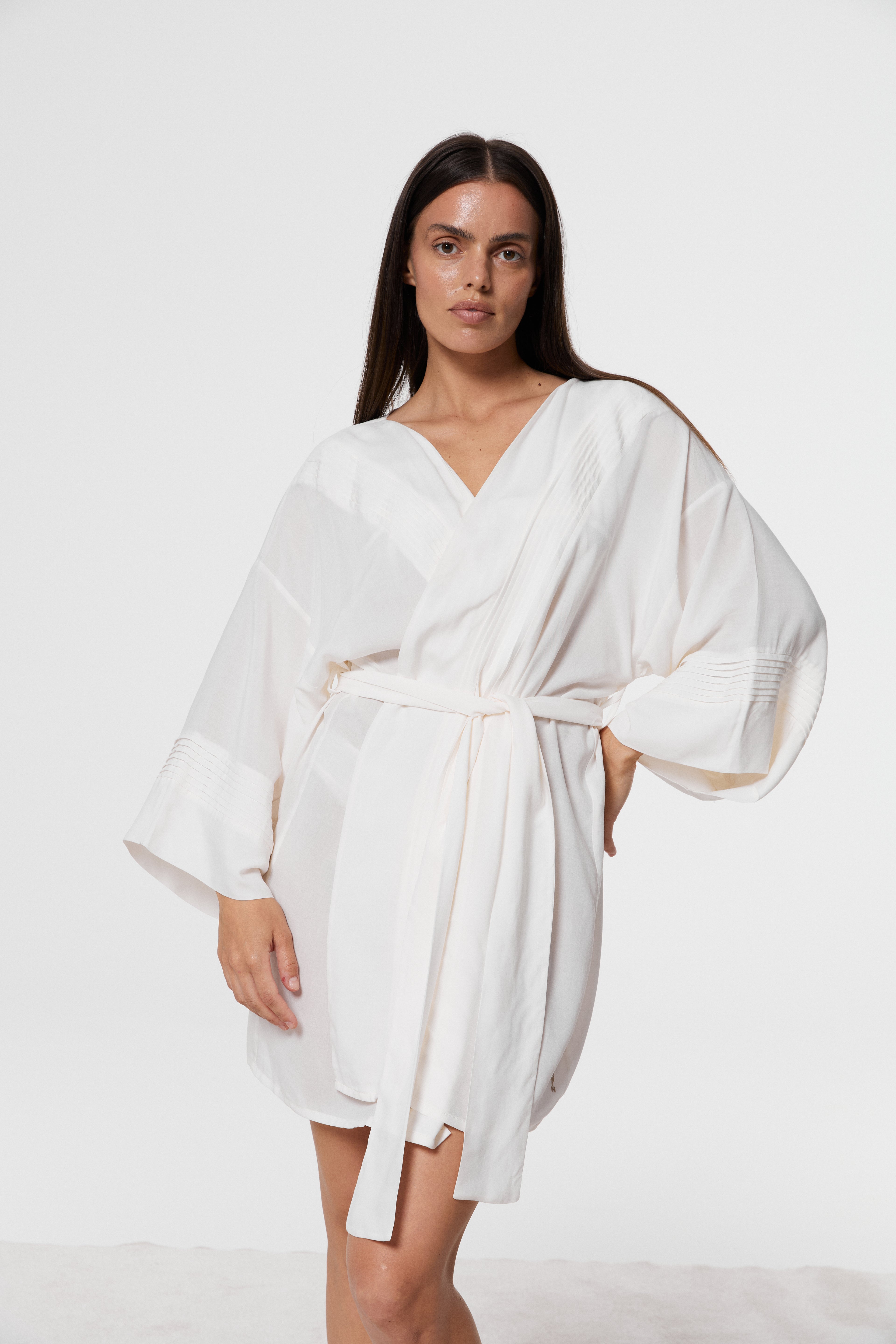 Full-length view of model wearing Azalea White Voile Kimono Robe, displaying fluid drape, wide sleeves and self-tie belt.