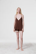 Model in Monsella Brown Silk Camisole and matching shorts featuring soft crêpe Mongol silk and lace trim details.