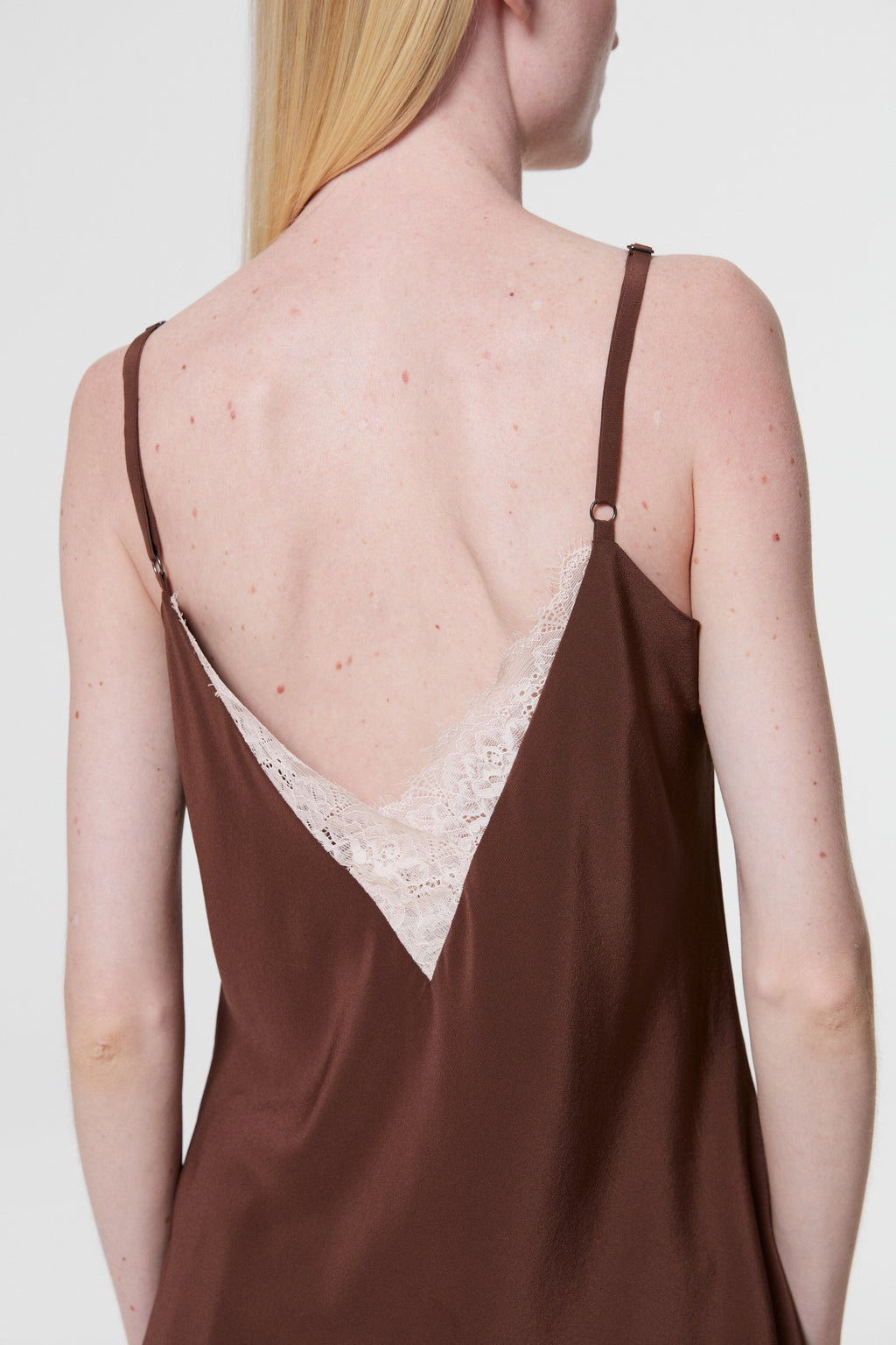 Back view of Monsella Brown Silk Camisole showing elegant lace V-back detailing and thin adjustable straps.