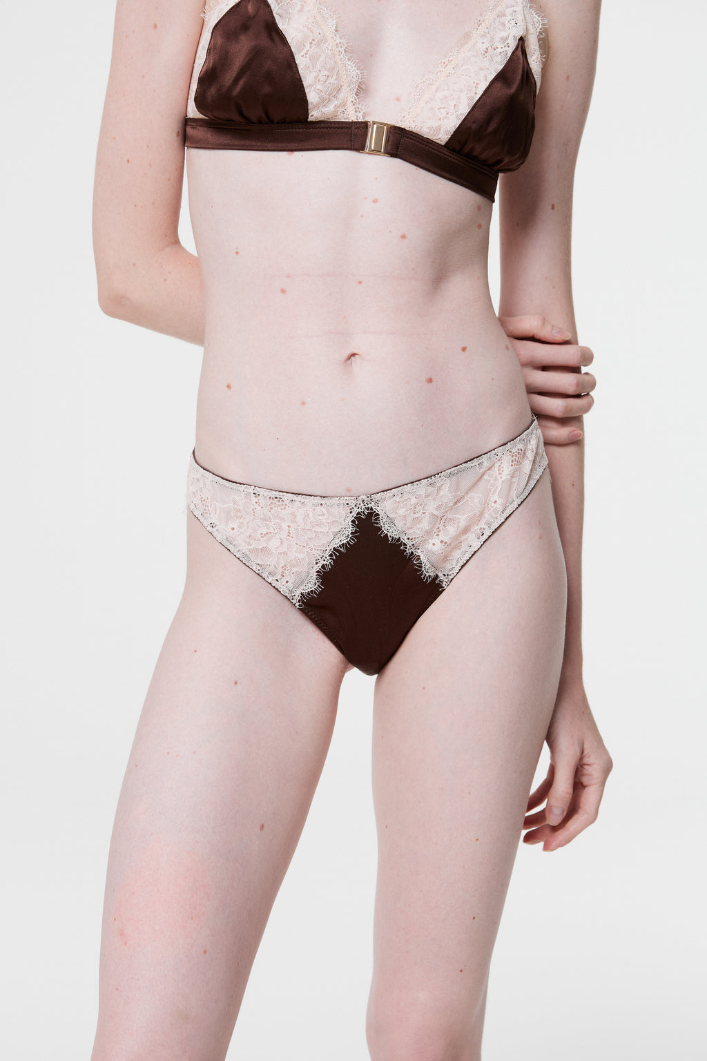 Monsella - Slip in seta e pizzo marrone