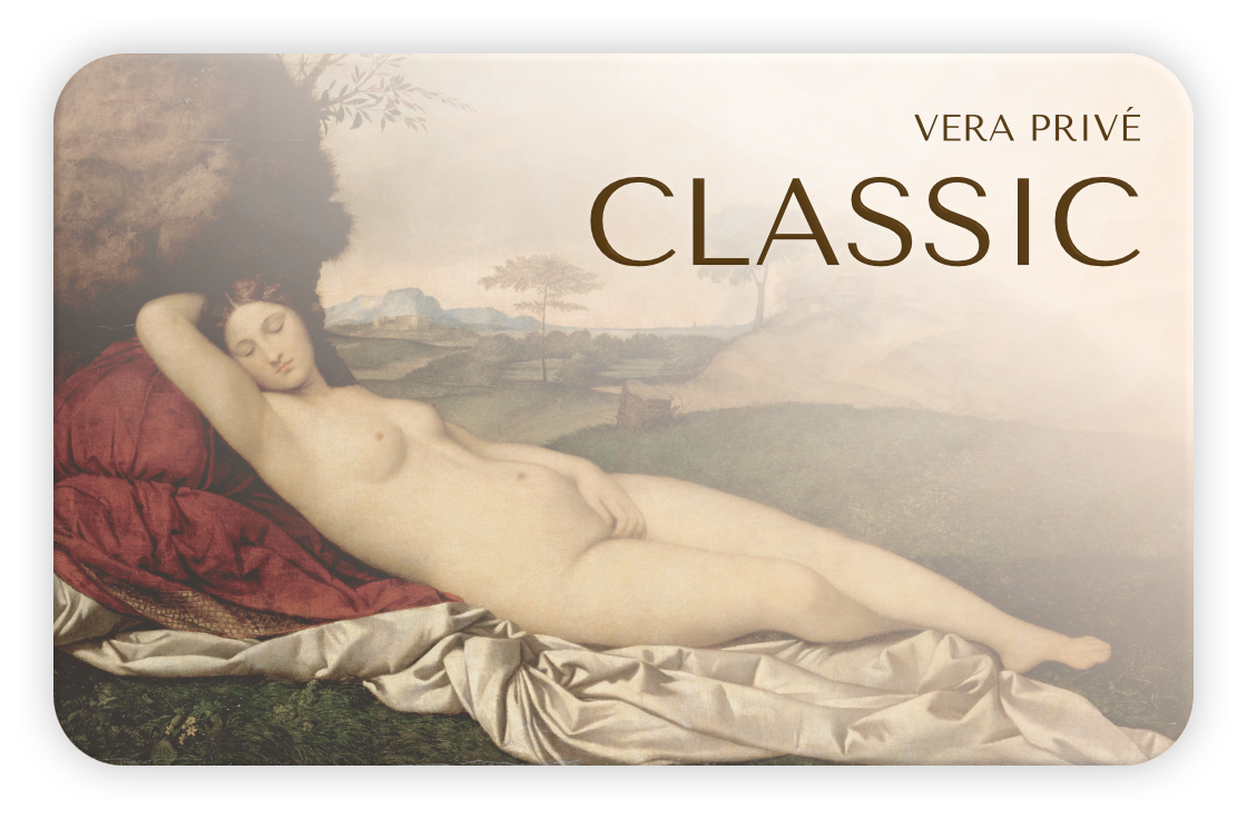 Vera Privé Classic tier membership card with classical painting of reclining woman in landscape, entry-level loyalty program badge for Vera Lumin