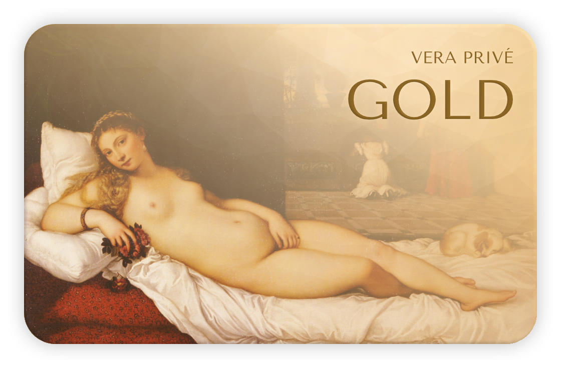 Vera Privé Gold tier membership badge with classical painting of reclining woman on bed, premium loyalty program card for Vera Lumin