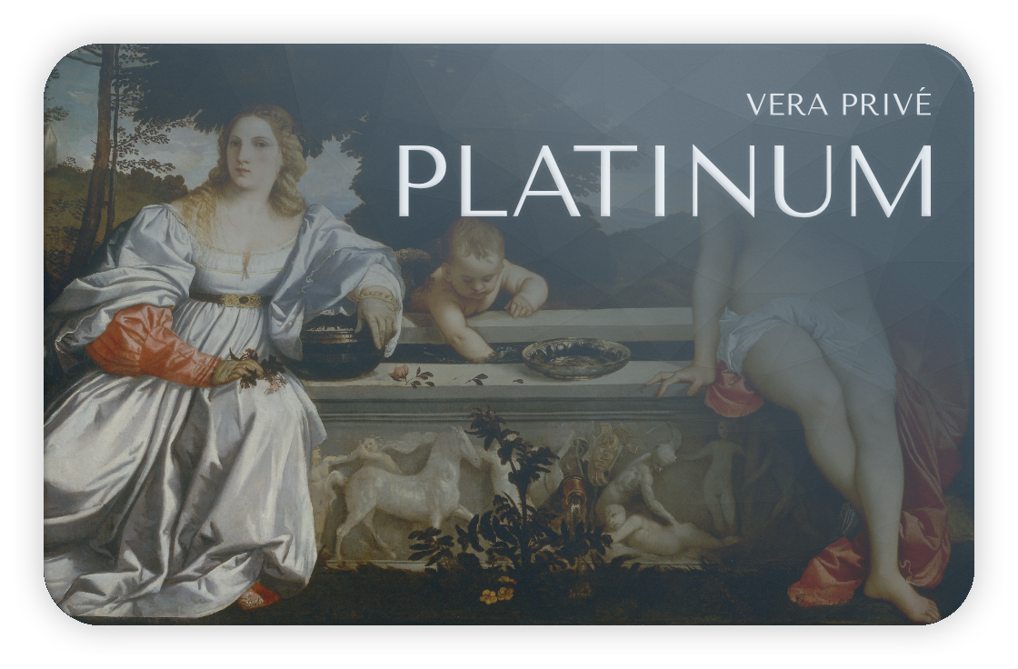Vera Privé Platinum tier card featuring Renaissance painting of woman in white dress with cherub, highest VIP loyalty membership badge for luxury lingerie and loungewear