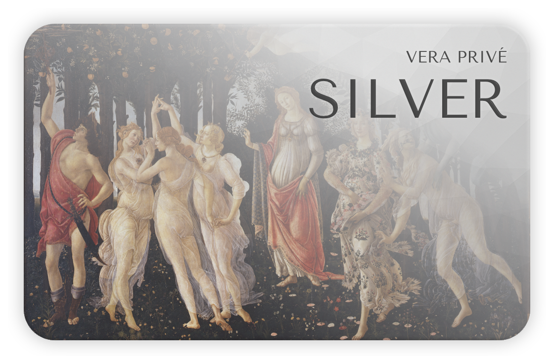 Vera Privé Silver tier card showing classical painting of women dancing in forest, mid-tier loyalty membership badge for exclusive shopping privileges